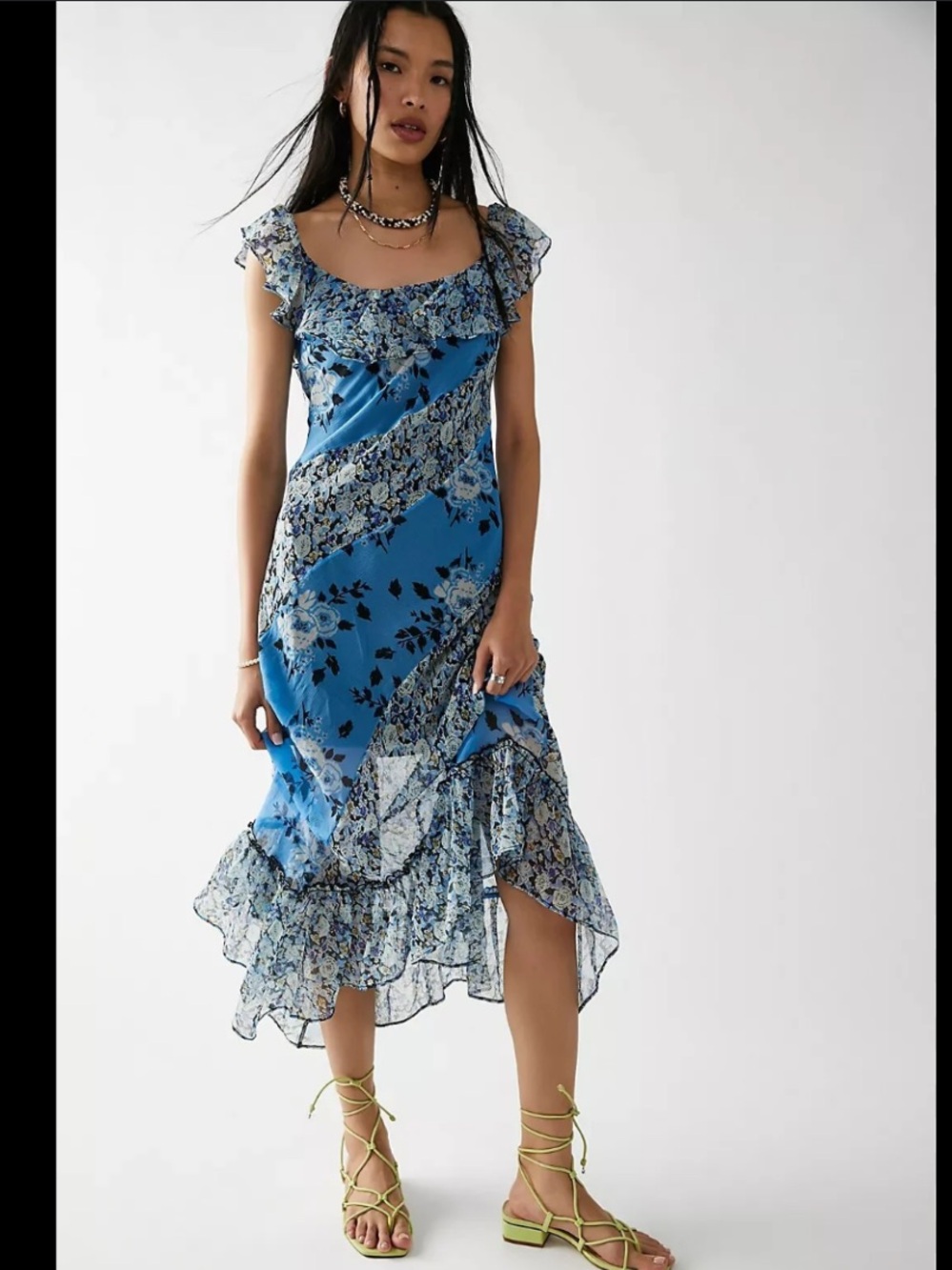Free People Off Shoulder Blue Floral Maxi Dress with Ruffle Neckline